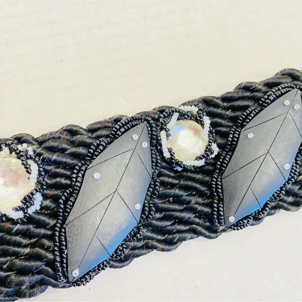 Vintage 80s Artsy Wood Beaded and Carved Shell Cummerbund Rope Belt Retro Boho